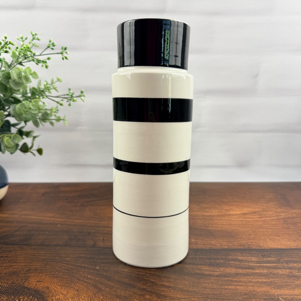 Raymor Mancioli Italy Ceramic Vase Black White Stripe Mid Century Modern